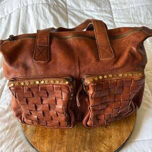 Brown Leather Tote Bag with Woven Front Pockets